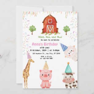 Farm Animals Girl Gingham Barnyard Birthday Invitation