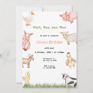 Farm Animals Girl Gingham Barnyard Birthday party Invitation