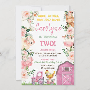 Farm Animals Girl Pink Birthday Invitation