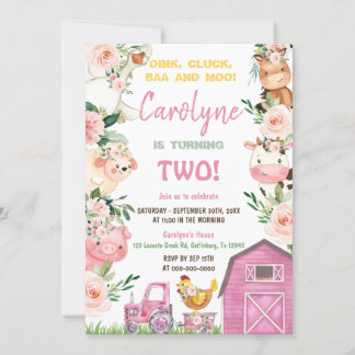 Farm Animals Girl Pink Birthday Invitation