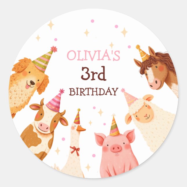Farm Animals Girl Pink Gingham Barnyard Birthday Classic Round Sticker (Front)