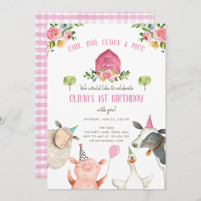 Farm Animals Girl Pink Gingham Barnyard Birthday Invitation (Front/Back)