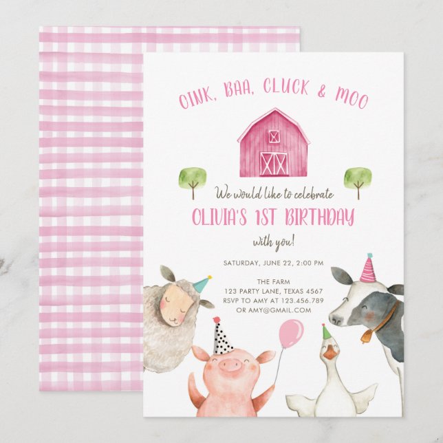 Farm Animals Girl Pink Gingham Barnyard Birthday Invitation (Front/Back)