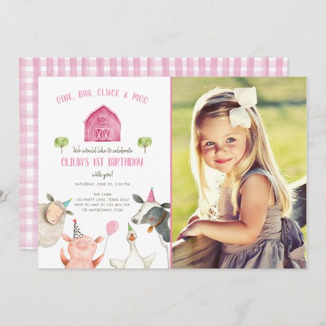 Farm Animals Girl Pink Gingham Barnyard Birthday Invitation (Front/Back)