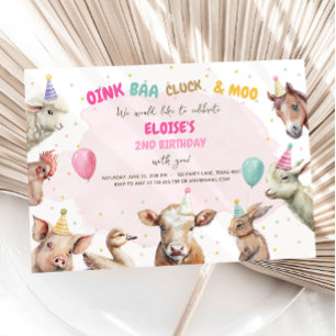 Farm Animals Girl Pink Gingham Barnyard Birthday Invitation