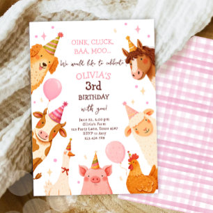 Farm Animals Girl Pink Gingham Barnyard Birthday Invitation