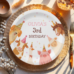 Farm Animals Girl Pink Gingham Barnyard Birthday Paper Plate