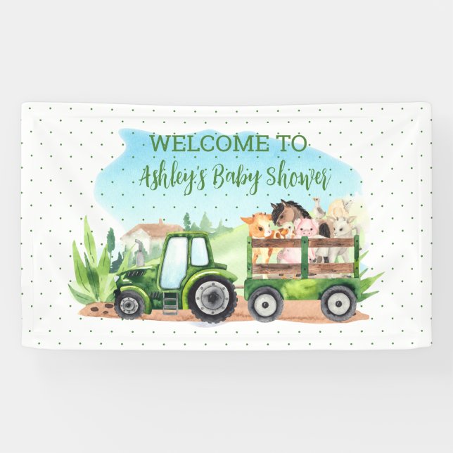 Farm Animals Green Tractor Baby Shower Banner (Horizontal)
