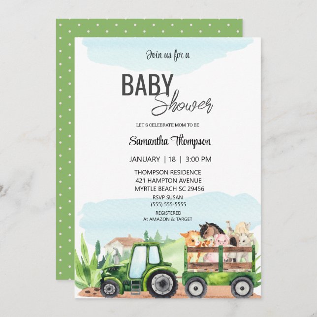   Farm Animals Green Tractor  Baby Shower     Invitation (Front/Back)