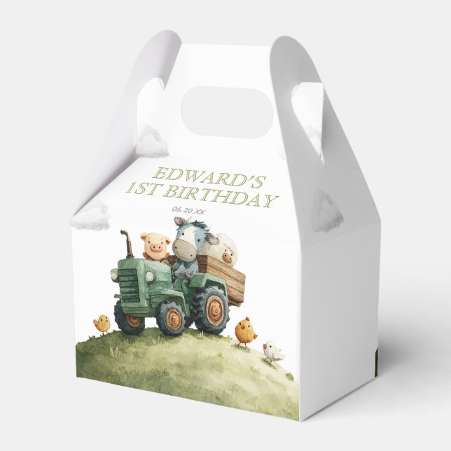 Farm Animals Green Tractor Birthday Favour Box (Back Side)