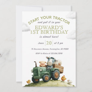 Farm Animals Green Tractor Birthday  Invitation