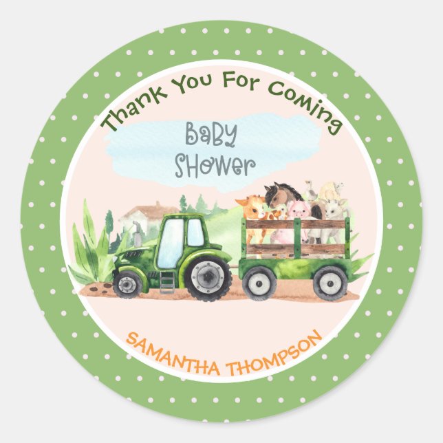   Farm Animals Green Tractor Boys Baby Shower  Classic Round Sticker (Front)