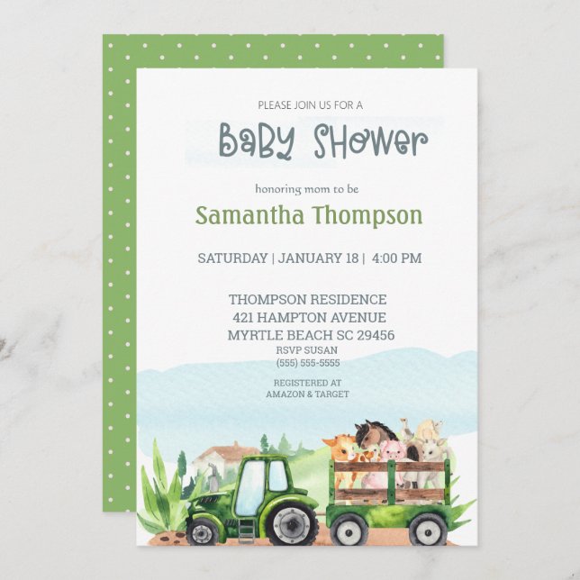   Farm Animals Green Tractor Boys Baby Shower     Invitation (Front/Back)