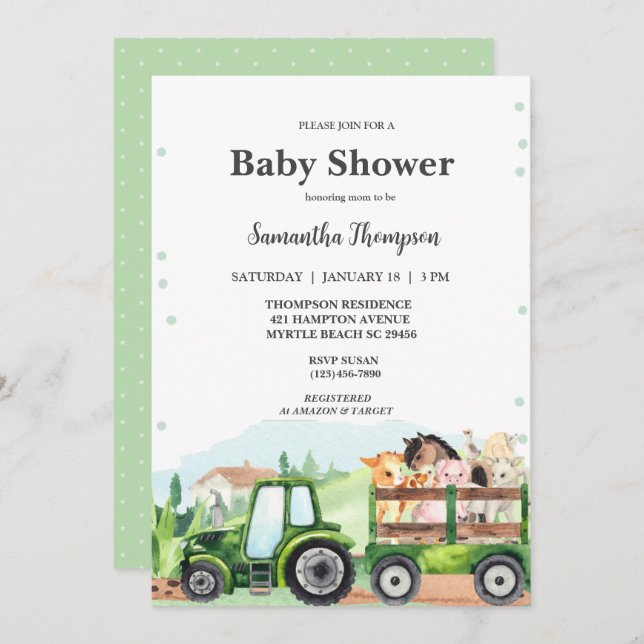   Farm Animals Green Tractor Boys Baby Shower      Invitation (Front/Back)