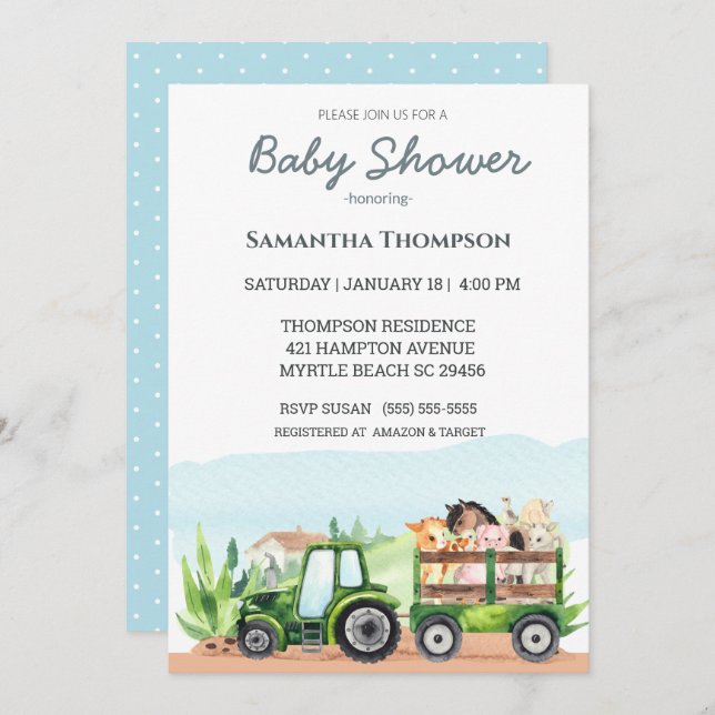  Farm Animals Green Tractor Boys Baby Shower     Invitation (Front/Back)