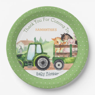 Farm Animals Green Tractor Boys Baby Shower   Paper Plate