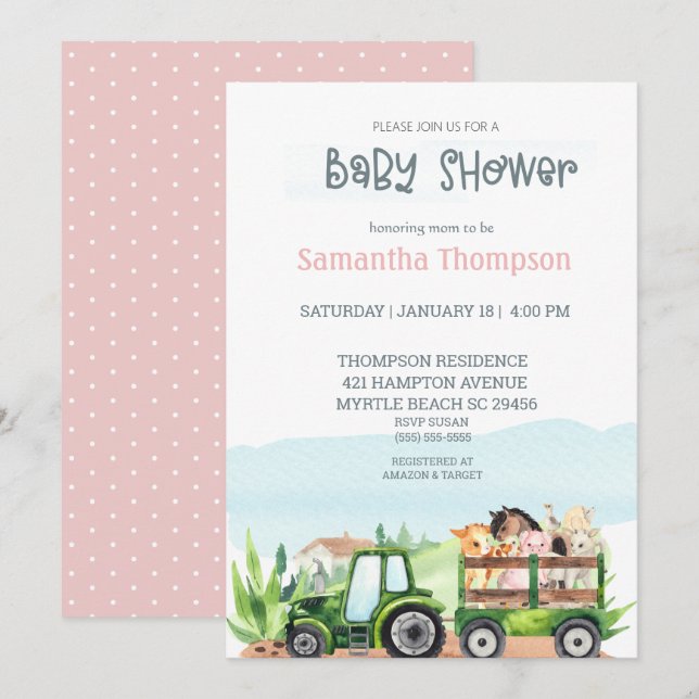   Farm Animals Green Tractor Girls Baby Shower Invitation (Front/Back)