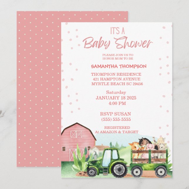   Farm Animals Green Tractor Pink Baby Shower      Invitation (Front/Back)
