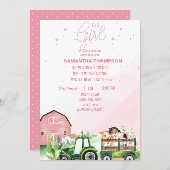   Farm Animals Green Tractor Pink Baby Shower  Invitation (Front/Back)