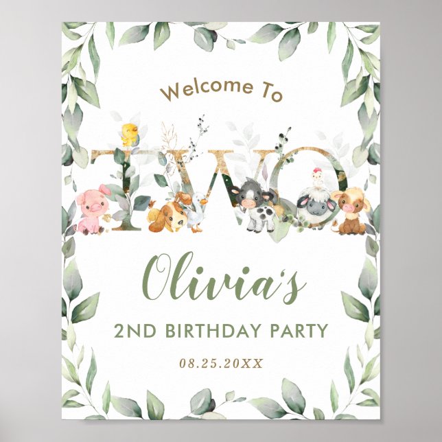 Farm Animals Greenery 2nd Birthday Welcome Sign (Front)