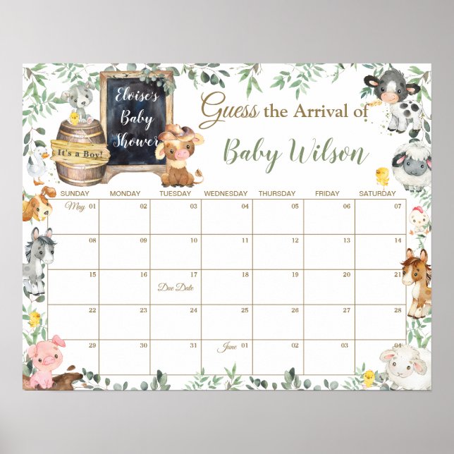 Farm Animals Greenery Guess Baby's Due Date Game  Poster (Front)