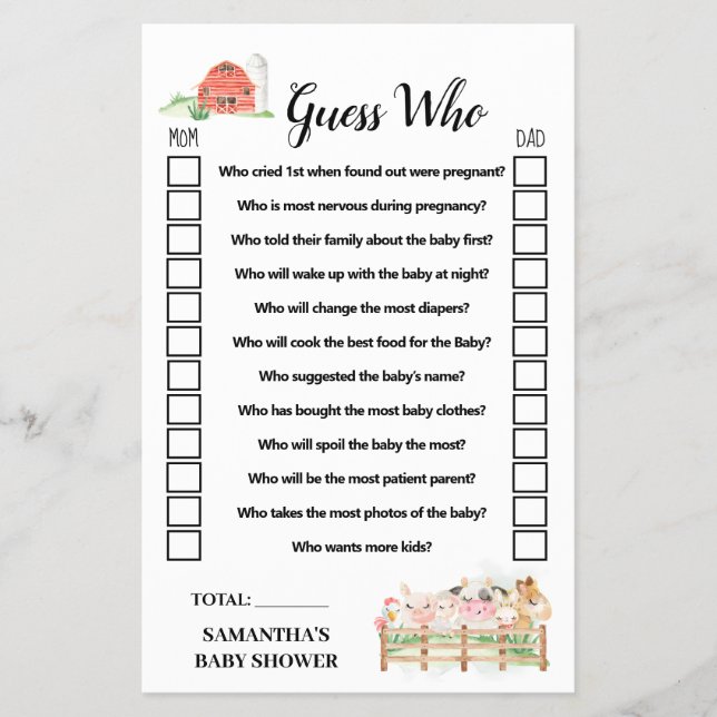Farm Animals Guess Who Baby Shower Game Card (Front)