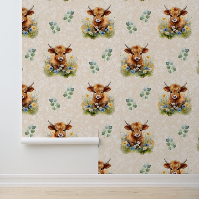 Farm Animals Highland Cow Floral Greenery on Cream Wallpaper (Application)