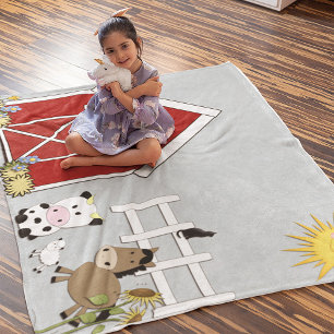 Farm Animals Horse Cow Lamb Red Barn Fleece Blanket