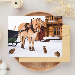 Farm animals horse rabbits snow postcard