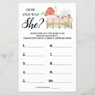 Farm Animals How old was She Baby Shower Card