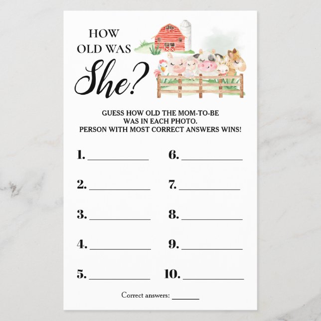 Farm Animals How old was She Baby Shower Card (Front)