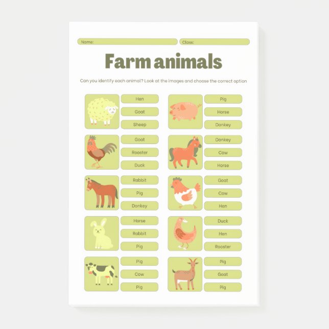 Farm Animals Identification Educational Worksheet Post-it Notes (Front)
