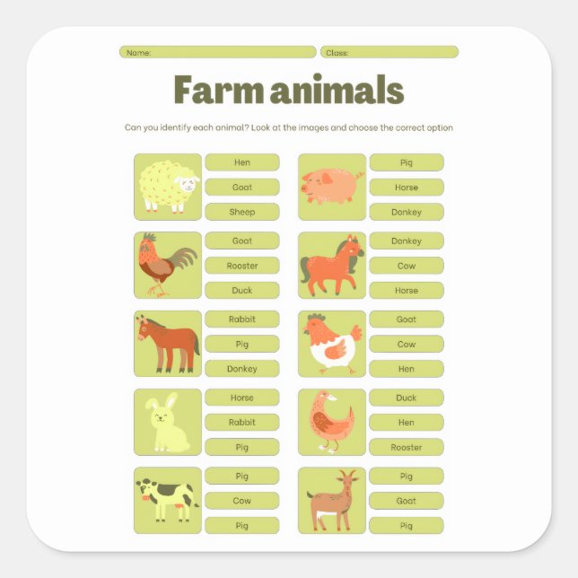 Farm Animals Identification Educational Worksheet Square Sticker (Front)