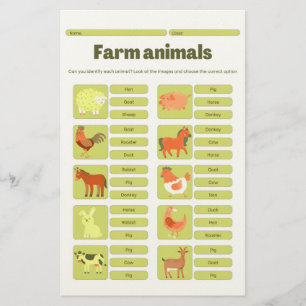 Farm Animals Identification Educational Worksheet Stationery