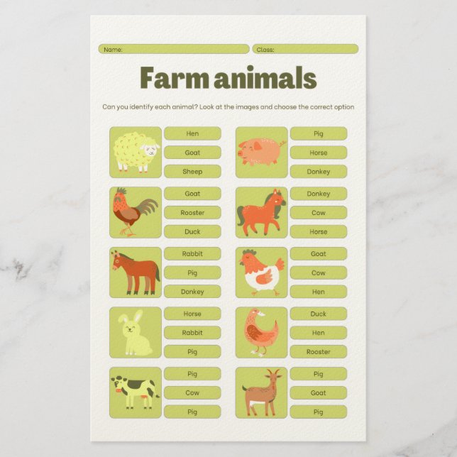 Farm Animals Identification Educational Worksheet Stationery (Front)