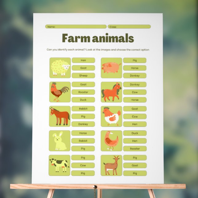 Farm Animals Identification Learning Worksheet Acrylic Sign (Neutral)