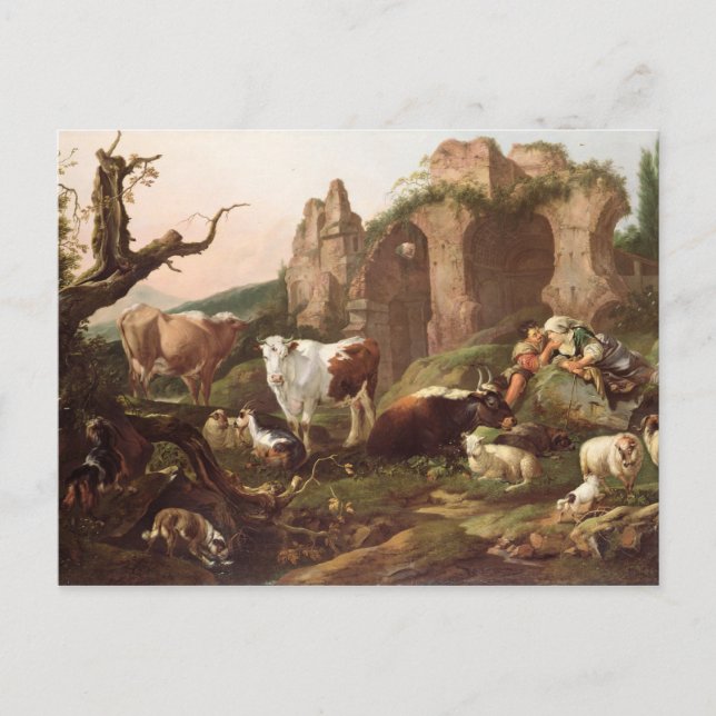 Farm animals in a landscape, 1685 postcard (Front)
