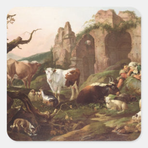 Farm animals in a landscape, 1685 square sticker