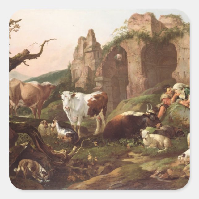 Farm animals in a landscape, 1685 square sticker (Front)