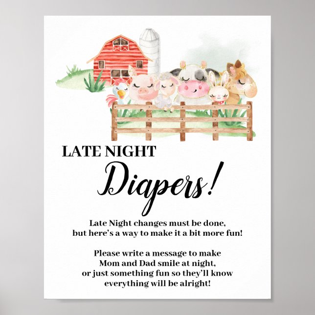 Farm Animals Late Night Diapers Baby Shower sign (Front)