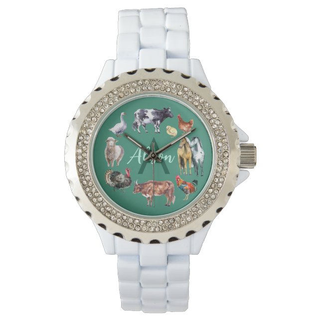 Farm animals Monogram watercolor green Watch (Front)