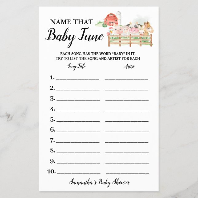 Farm Animals Name Baby Tune Shower Game card (Front)
