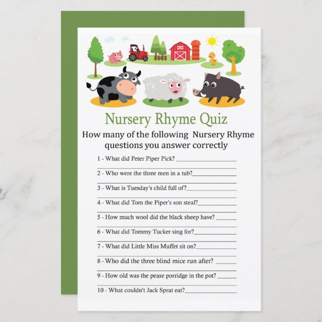Farm animals Nursery Rhyme Quiz baby shower game (Front/Back)