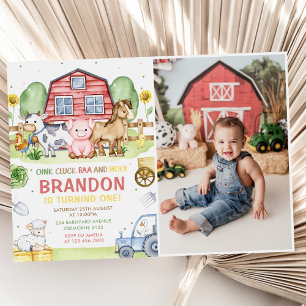 Farm Animals Oink Baa Moo 1st Birthday Photo Invitation