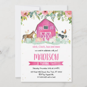 Farm Animals Oink Baa Moo Pink Girl 1st Birthday  Invitation
