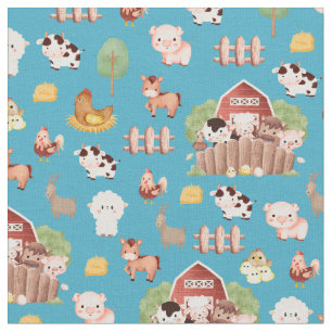 Farm Animals on Aqua Blue Fabric