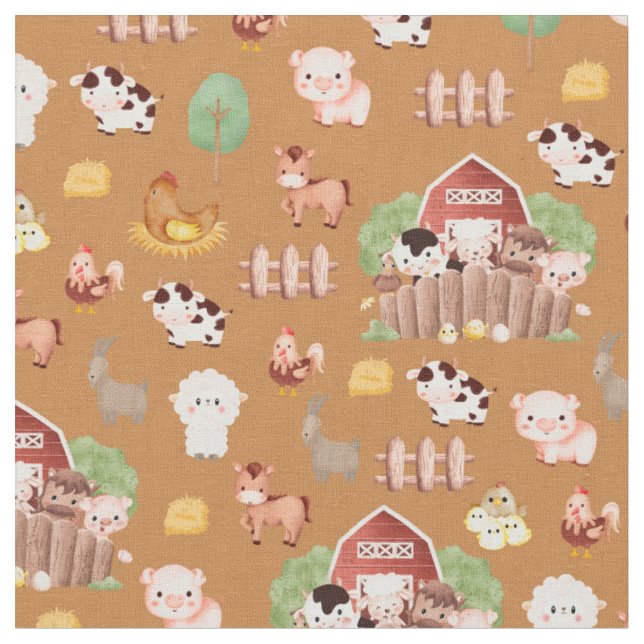 Farm Animals on Caramel Brown Fabric (Close Up)