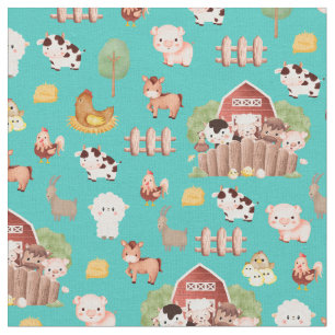 Farm Animals on Turquoise Fabric