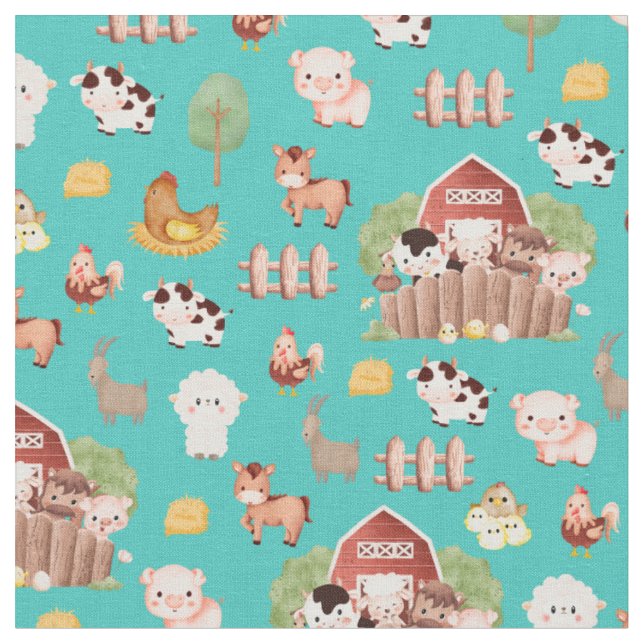 Farm Animals on Turquoise Fabric (Close Up)