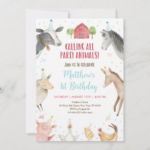 Farm Animals Party Hat Birthday Invitation
